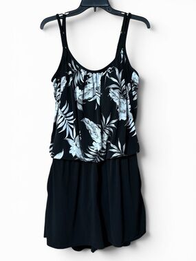 Maxine of Hollywood Black White Tropical Romper Swimsuit 16W One Piece Swimdress